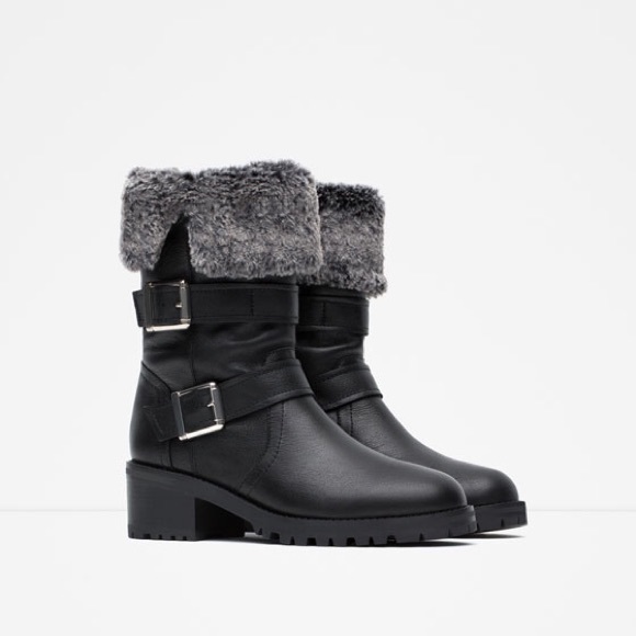 Zara leather biker boots with faux fur lining sz - Main Image